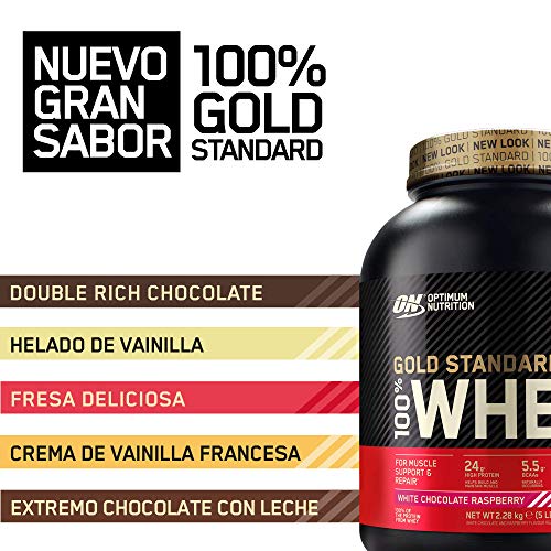 Optimum Nutrition ON Gold Standard 100% Whey Proteína en Polvo Suplementos Deportivos, Glutamina y Aminoacidos, BCAA, Chocolate Blanco y Frambuesa, 76 Porciones, 2.28 kg, Embalaje Puede Variar