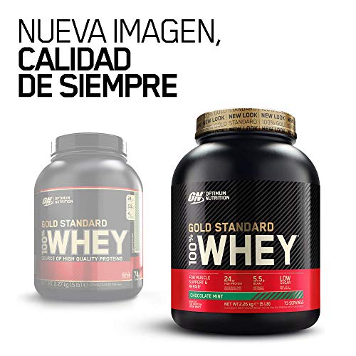 Optimum Nutrition ON Gold Standard 100% Whey Proteína en Polvo Suplementos Deportivos, Glutamina y Aminoacidos, BCAA, Chocolate y Menta, 73 Porciones, 2.26kg, Embalaje Puede Variar