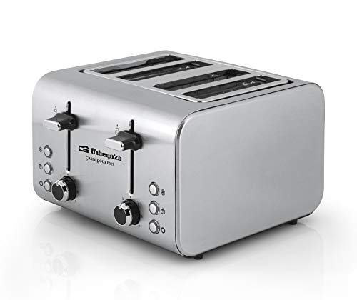 Orbegozo TO 8000 - Tostadora 4 rebanadas, cuerpo de acero inoxidable, 7 niveles de tostado, centrado automático del pan, función descongelado y recalentamiento, 1600 W de potencia, bandeja recogemigas