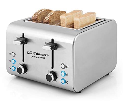 Orbegozo TO 8000 - Tostadora 4 rebanadas, cuerpo de acero inoxidable, 7 niveles de tostado, centrado automático del pan, función descongelado y recalentamiento, 1600 W de potencia, bandeja recogemigas