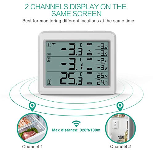 ORIA Termómetro del Refrigerador Digital, Refrigerador Congelador con 2 Sensores Inalámbricos y Alarma Acústica, Registro MAX/MIN, Termómetro de Frigorífico para Hogar, Restaurantes, Cafés