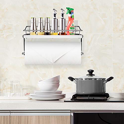 Oriware Adhesivo Portarrollos de Cocina con Estante Soportes de pared Especiero Organizador SUS304 Acero Inoxidable - Sin Perforar