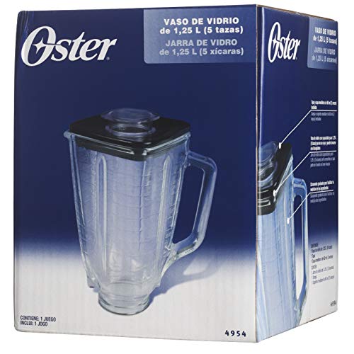 Oster 004954-011090-I - Jarra de vidrio cuadrada 5 tazas (1.25 l) con tapa cuadrada, color negro y tapón de llenado