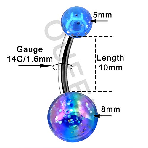 OUFER - Piercing para ombligo, acero inoxidable, 14 g, color azul y morado