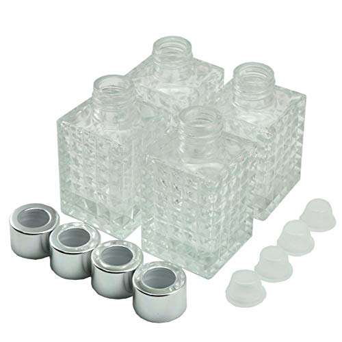 Ougual - Conjunto de 4 Botellas Cuadrado de Vidrio difusor, Botellas de aceites Esenciales para fragancias caseras (100ML, Relieve de Diamante,Gorras de Plata)