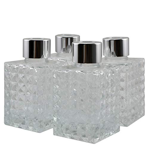 Ougual - Conjunto de 4 Botellas Cuadrado de Vidrio difusor, Botellas de aceites Esenciales para fragancias caseras (100ML, Relieve de Diamante,Gorras de Plata)