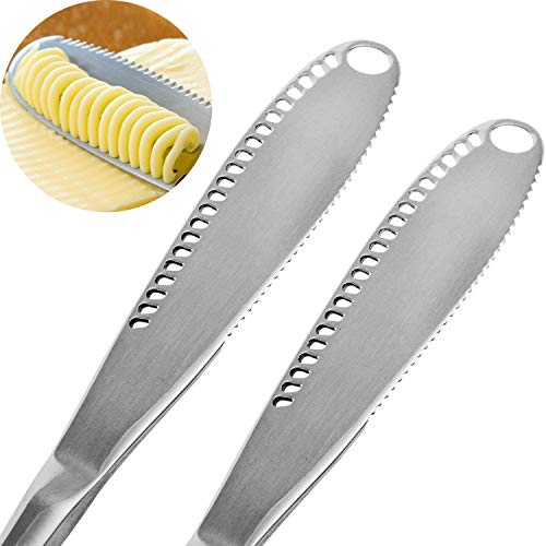 OurLeeme 2PCS Cuchillo esparcidor de mantequilla de acero inoxidable, Profesional 3 en 1 Cuchillo de mantequilla rizador con borde dentado