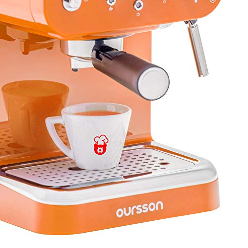 Oursson Máquina de Café Espresso - Cappuccino, Retro, 15 Bares, Vaporizador Orientable, Capacidad 1.25 l, Café Molido, EM1500 Serie (Naranja)