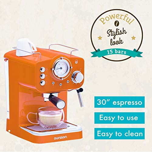 Oursson Máquina de Café Espresso - Cappuccino, Retro, 15 Bares, Vaporizador Orientable, Capacidad 1.25 l, Café Molido, EM1500 Serie (Naranja)