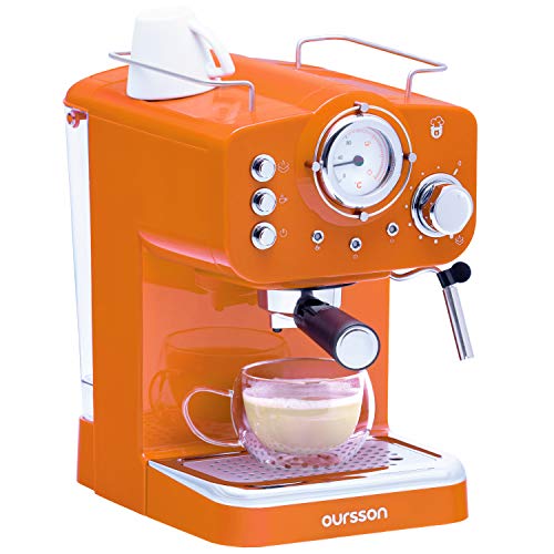 Oursson Máquina de Café Espresso - Cappuccino, Retro, 15 Bares, Vaporizador Orientable, Capacidad 1.25 l, Café Molido, EM1500 Serie (Naranja)