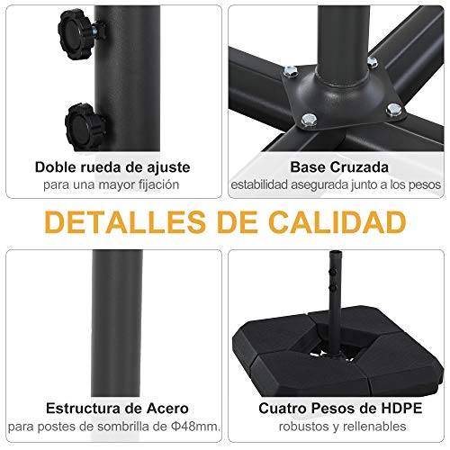 Outsunny Base para Sombrilla con 4 Pesos Rellenables de Agua o Arena de 15L Soporte de Sombrilla en Forma de Cruz con Tubo de Acero 80x80x50 cm Negro