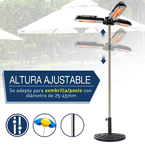 Outsunny Calefactor de Infrarrojos Estufa Calentador Eléctrico de Exterior Sombrilla Patio 3 Potencias Ángulo Ajustable