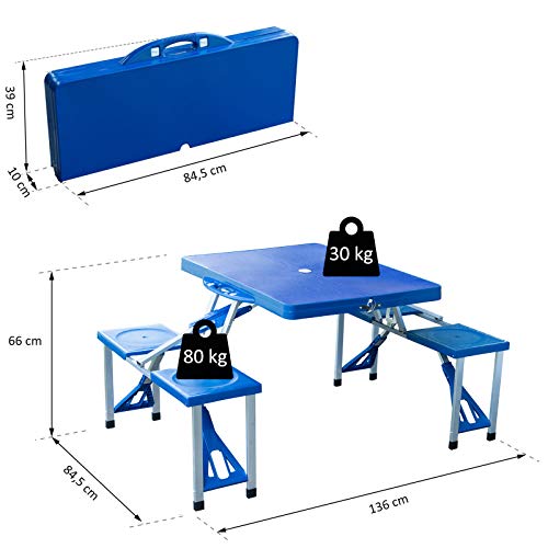 Outsunny Mesa Maleta de Camping Plegable Portátil 4 Asientos y Agujero Sombrilla Estructura Aluminio Playa Picnic 84.5x64.5x66cm (Azul)