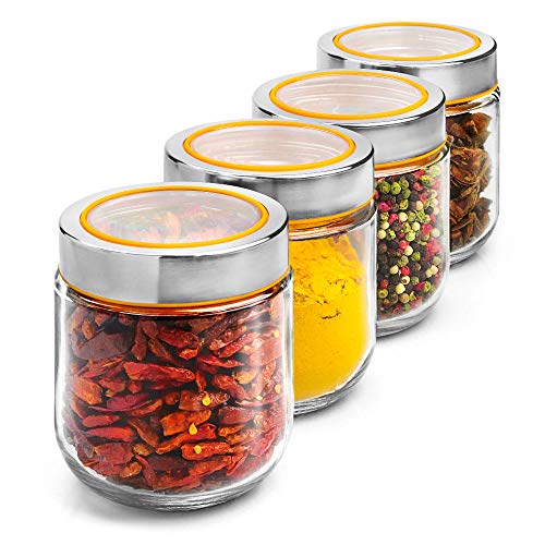 OUXI 4 PCS Tarros De Cristal con Tapa De Acero Inoxidable, 350ML Botes Recipientes para Alimentos De Vidrio para Cocina, Almacenaje De Legumbres, Galletas(4, 350ML)