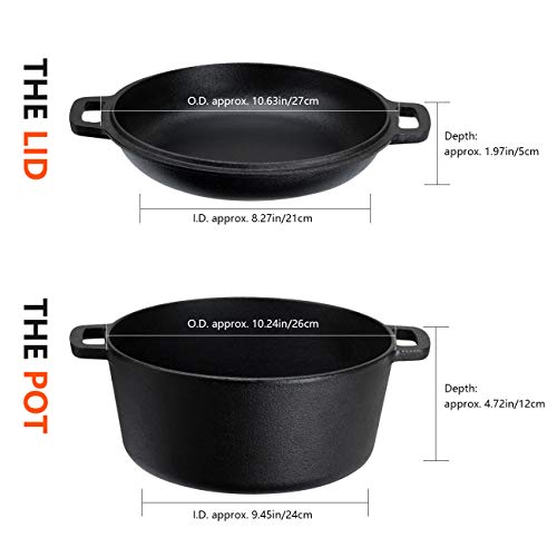 Overmont Olla Holandesa 4.73 L/ 5 Quart Cacerola de Hierro Fundido Tapa de Doble Función Sartén Plancha Pre Sazonado con Cubiertas de Manijas para Camping Cocina Casera Barbacoa Hornear