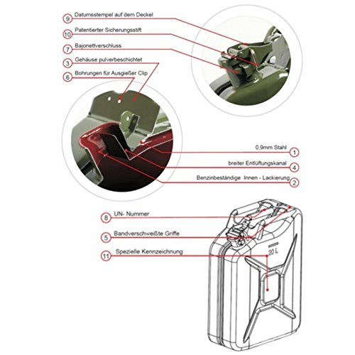 Oxid7 ® Bidón de gasolina combustible Bidón metal 10 litros verde oliva con Autorización de las Naciones Unidas – TÜV Rheinland Certificado – Construcción – para gasolina y diesel