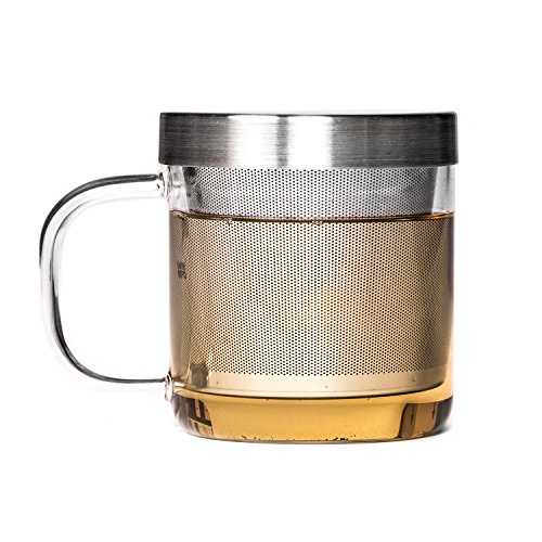 P & T Brewing Mug, Taza de Vidrio, Borosilicato, Resistente al Calor con Filtro de Acero Inoxidable (350ml / 11,8oz)