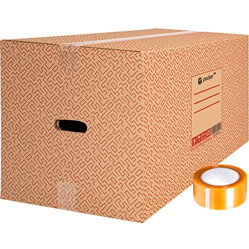 Packer PRO - Pack 10 Cajas Carton para Mudanzas y Almacenaje 600x400x400mm Ultra Resistentes con Asas + Cinta Adhesiva, 100% ECO Box