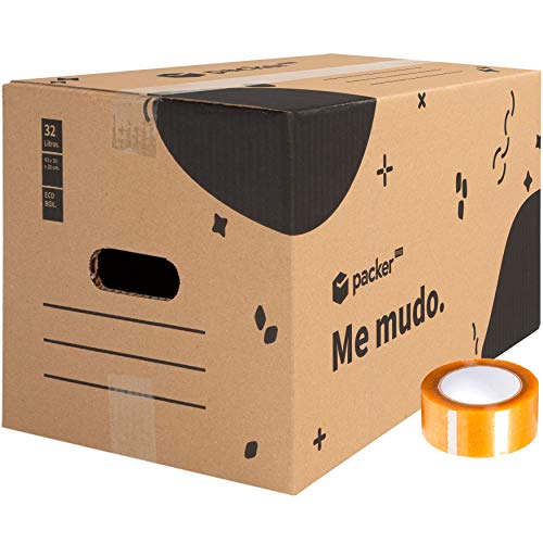 Packer PRO - Pack 10 Cajas Carton para Mudanzas y Almacenaje con Asas + Cinta Adhesiva 430x300x250mm