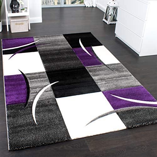 Paco Home Alfombra De Diseño Perfilado - A Cuadros En Lila Gris Negro, tamaño:120x170 cm