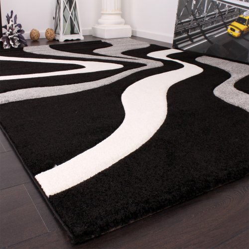 Paco Home Alfombra De Diseño Perfilado - Estampado De Ondas - Negro Gris Blanco, tamaño:200x290 cm