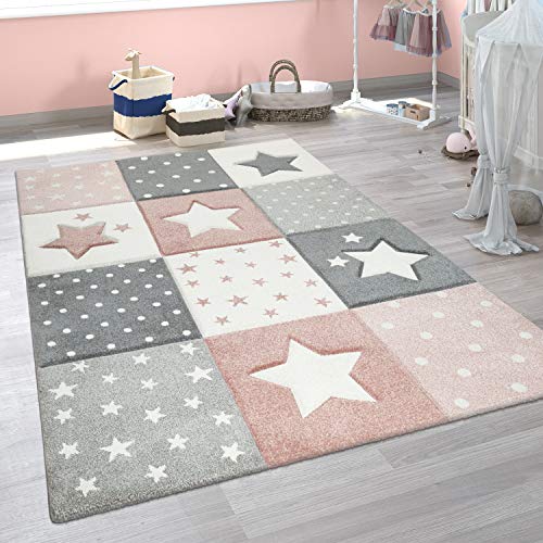 Paco Home Alfombra Infantil Moderna Pastel Cuadros Estrellas Lunares Diseño En Rosa Gris, tamaño:80x150 cm