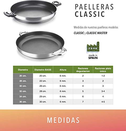 PAELLERA ALZA CLASSIC MASTER. PAELLERA fabricada en acero inoxidable 18/10, antiadherente triple capa, apta para todo tipo de cocina, INDUCCIÓN. Fácil Limpieza. Apto para lavavajillas. 34cm