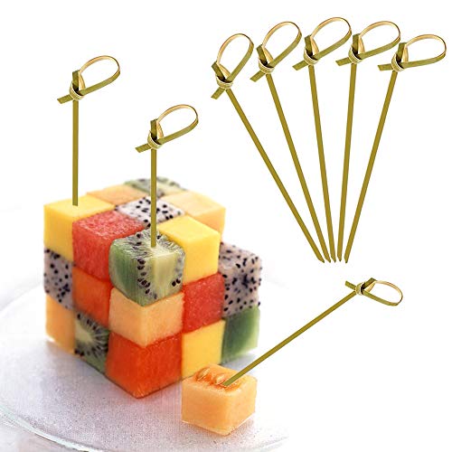 Palillos de cóctel 300 piezas de varillas de cóctel con forma de nudo de flores de bambú, palillos de dientes de palillos de bambú para cóctel, barbacoa, fiesta, bandeja decorativa de 12 cm