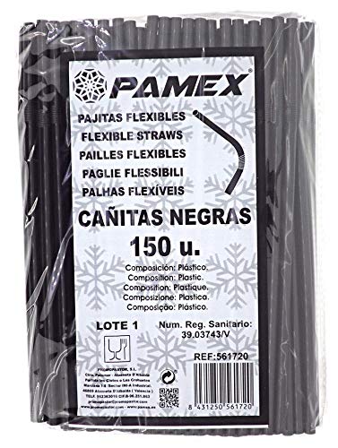 PAMEX - 4 Sets de 150 Pajitas Flexibles Negras Profesional - Desayuno / Coctel