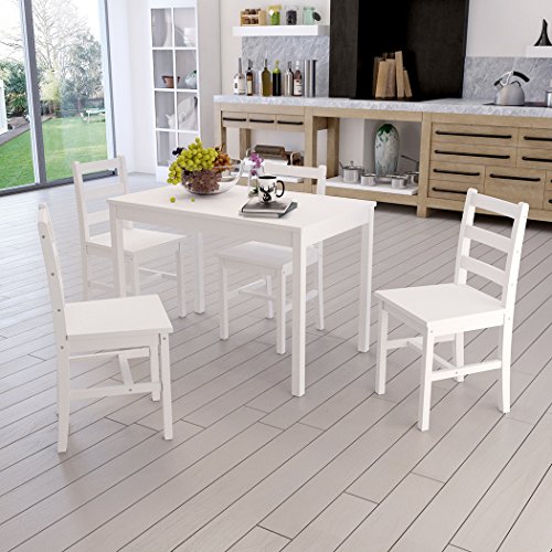 PanaCasa - Juegos de Mesa y 4 Sillas Color Blanco para Comedor Sala Cocina Restaurante Madera de Pino Maciza Contemporáneo