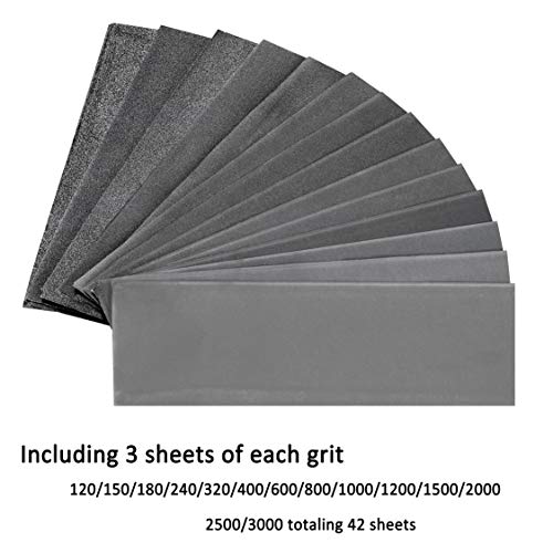 Papel de lija de grano 120 a 3000 Grit Papel de lija húmedo para madera 9 x 3.6 pulgadas, lijado de metal y acabado de muebles de madera para pulido de automóviles, lijado seco o húmedo, 42 hojas