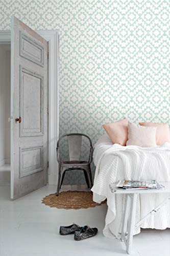 papel pintado pintura de tiza con textura eco alfombra azteca Ibiza Marrakech verde menta pastel agrisado claro y blanco mate - 148674 - de ESTAhome.nl