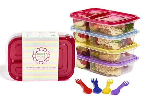 [Paquete con 4] Multicolor respetuoso con el medio ambiente 3 Compartimento fiambrera recipiente con cuchara a juego y tenedor Lavavajillas, microondas y reutilizable de Daisy Home Ware