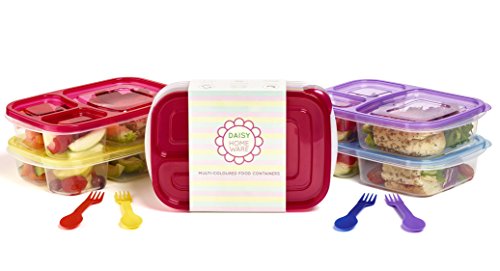 [Paquete con 4] Multicolor respetuoso con el medio ambiente 3 Compartimento fiambrera recipiente con cuchara a juego y tenedor Lavavajillas, microondas y reutilizable de Daisy Home Ware