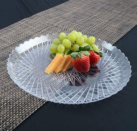 Paquete de 5 bandejas redondas de plástico transparente con aspecto de cristal, elegantes bandejas festoneadas decorativas | platos de servir con aspecto de cristal – 22,5 cm