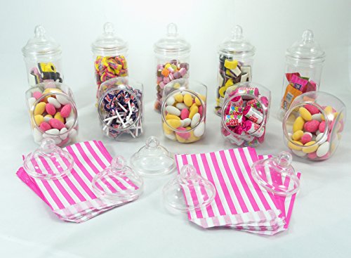 Paquete de fiesta Sweet Shop de Britten & James®. 10 frascos de plástico cristalino con tapas de rosca estilo victoriano. Ideal para mesas de boda, fiestas, cumpleaños. 100 bolsas gratis.