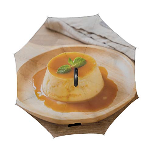 Paraguas Doble invertido Compacto de Doble Capa Paraguas casero Flan de Caramelo Pudín Plegable portátil Paraguas Plegable A Prueba de Viento Protección UV para la Lluvia con Mango en Forma de C