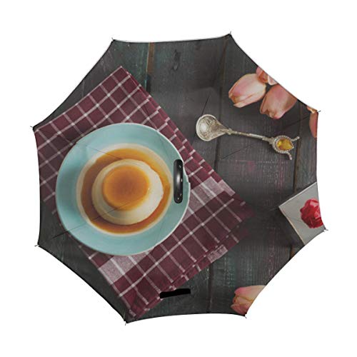 Paraguas Reversible invertido de Doble Capa para Mujeres Paraguas casero Flan de pudín Paraguas Plegable Paraguas invertido a Prueba de Viento Chica Protección a Prueba de Viento para la Lluvia con m