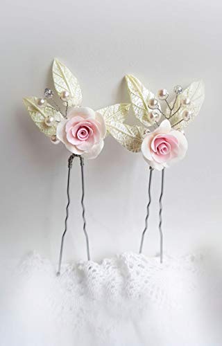 Pareja Horquillas Adorno 2 Rosas para el Pelo-Flores Porcelana-Tocado Novias y Damas de honor