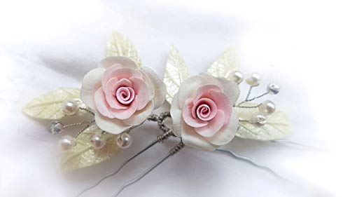 Pareja Horquillas Adorno 2 Rosas para el Pelo-Flores Porcelana-Tocado Novias y Damas de honor