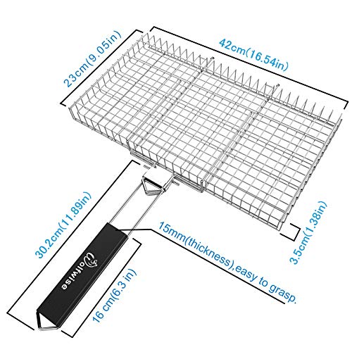 Parrilla de acero inoxidable WolfWise con mango de madera Parrilla de barbacoa plegable portátil, 42.9x43.2x4.5 cm