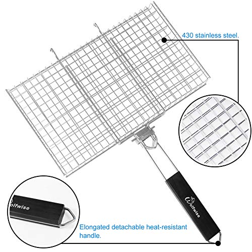 Parrilla de acero inoxidable WolfWise con mango de madera Parrilla de barbacoa plegable portátil, 42.9x43.2x4.5 cm