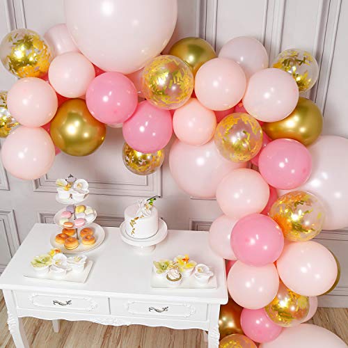 PartyWoo Globos Oro Rosa, 66 Piezas Globos Rosa, Globos Dorados , Globo Rosa Pastel, Globos Confeti, Globos Gigantes, Globo Oro Rosa para Fiesta Princesas Disney, Niña Fiesta, Incluye 4 Globo Gigante