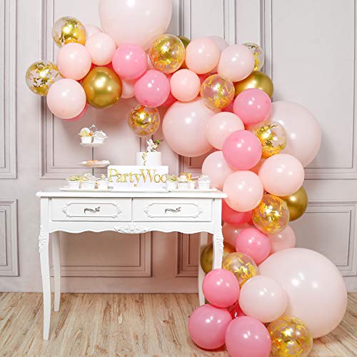 PartyWoo Globos Oro Rosa, 66 Piezas Globos Rosa, Globos Dorados , Globo Rosa Pastel, Globos Confeti, Globos Gigantes, Globo Oro Rosa para Fiesta Princesas Disney, Niña Fiesta, Incluye 4 Globo Gigante