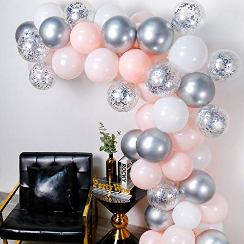 PartyWoo Globos Rosa Blancos Plateados, 60 Piezas Globo Rosa Pastel Globos Blancos Globos Plateados Metalizados Globos Confeti para Baby Shower, Fiesta Rosa, Plata Bautizo, Decoracion Fiesta Blanco