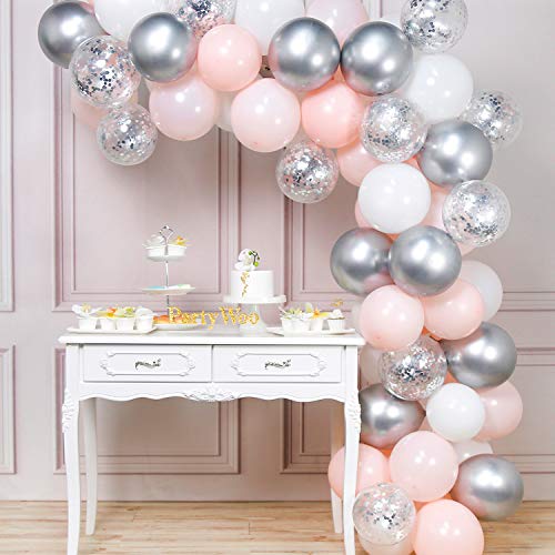 PartyWoo Globos Rosa Blancos Plateados, 60 Piezas Globo Rosa Pastel Globos Blancos Globos Plateados Metalizados Globos Confeti para Baby Shower, Fiesta Rosa, Plata Bautizo, Decoracion Fiesta Blanco