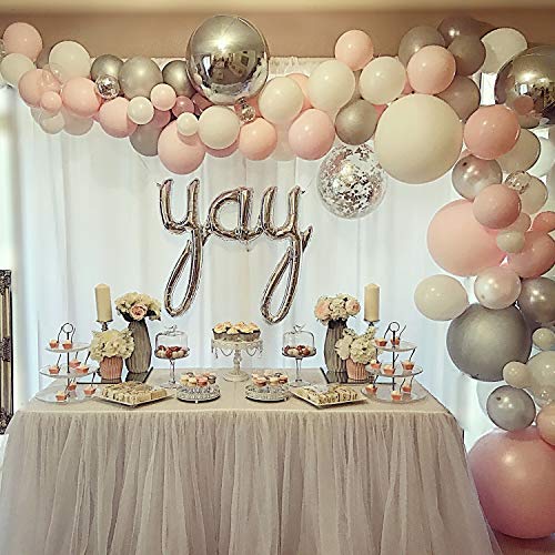 PartyWoo Globos Rosa Blancos Plateados, 60 Piezas Globo Rosa Pastel Globos Blancos Globos Plateados Metalizados Globos Confeti para Baby Shower, Fiesta Rosa, Plata Bautizo, Decoracion Fiesta Blanco