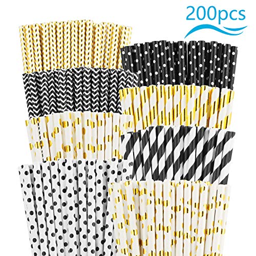 PATAZOK Pajitas de Papel Doradas y Negras 200pcs Pajitas de Papel Bebidas Cóctel Jugo de Fruta Decoración Cumpleaños Bodas Nacimientos Fiestas Suministro Restaurante Bar 8 Tipos (Dorado/Negro)