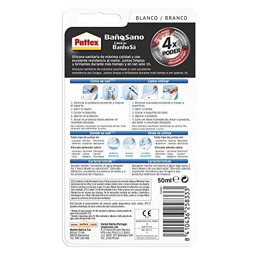 Pattex Baño Sano No Más Moho, silicona antimoho e impermeable, silicona blanca duradera para cocina y baño, resistente silicona sanitaria, 1 tubo x 50 ml