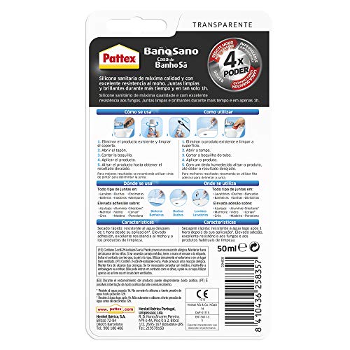 Pattex Baño Sano No Más Moho, silicona antimoho e impermeable, silicona transparente duradera para cocina y baño, resistente silicona sanitaria, 1 tubo x 50 ml